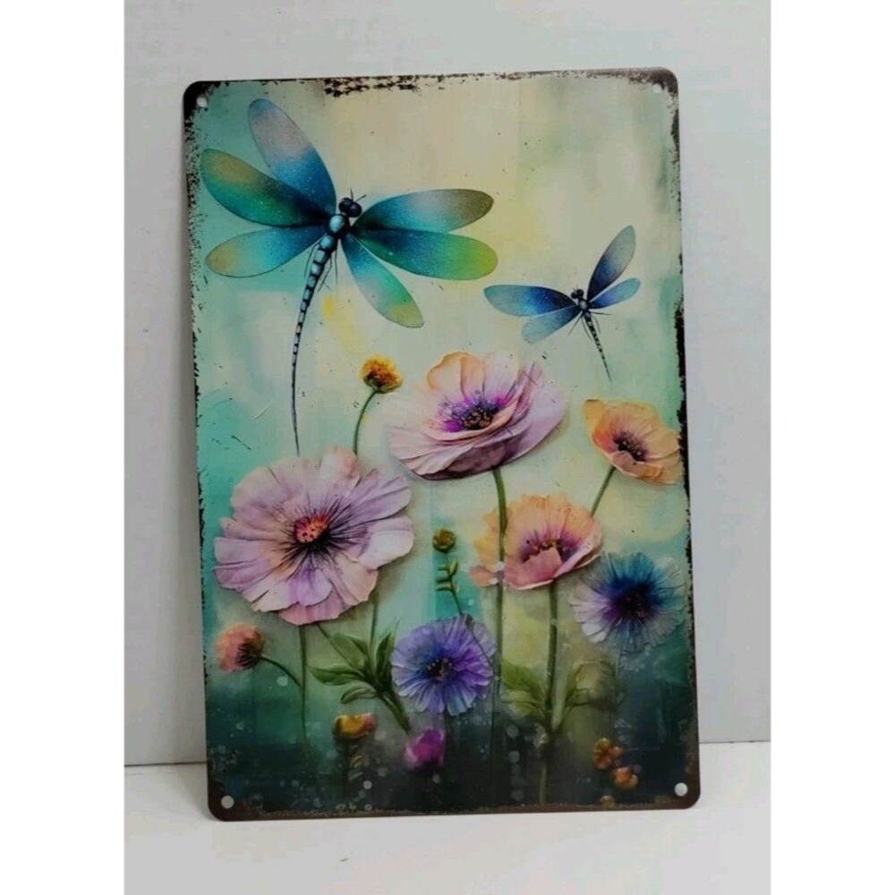 Tin Sign- 12 X 8 Dragonfly & Flowers In A Pastel Matte Finish